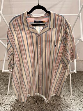 Ralph Lauren Camp Short-Sleeve Button-Down Shirt with Blue & Red Stripes
